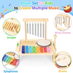 Kids Drum Set,Baby Musical Instrument for Toddler,Wooden Xylophone for Toddlers with Baby Drum Set and Wind Chime,Montessori Musical Instruments Toys for Kids,Musical Toys for Toddlers Birthday Gift