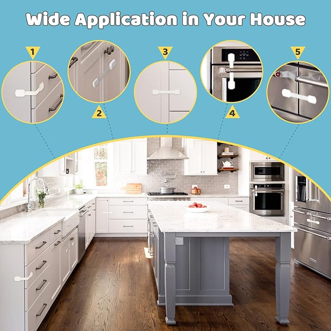 4our Kiddies 10 Pack Baby Proof Cabinet Latches, Childproof Drawer Latches with 6 Extra 3M Adhesives, Adjustable Child Safety Cabinet Strap Locks, Baby Drawer Locks for Kids and Child Safety