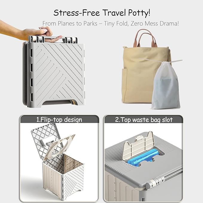 Portable Potty Seat for Toddler, Kids Travel Potty Foldable Compact Potty Training Toilet Seat with Cleaning Bags for Car, Camping, Travel, Outdoors (Grey)