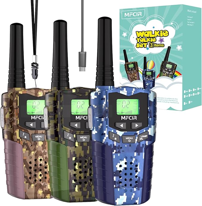 Rechargeable Kids Camouflage Walkie Talkies 3 Pack Long Range, 48H Work 7D Standby, LED Flashlight,Outdoor Camping Games Toys Gifts for 3-12 Year Old,Ideal Birthday for Boys & Girls