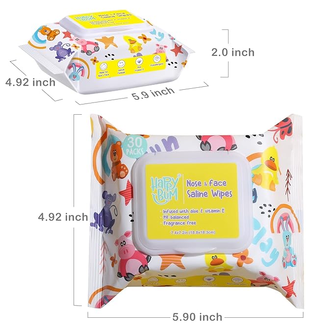 HAPPY BUM Saline Baby Wipes, Unscented, 360 Count (12 Packs of 30 Wipes) Saline Face Wipes