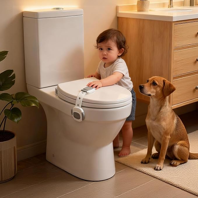 Baby Proof Toilet Lock (4-Pack) - Child Safety Cabinet Locks for Toilet Seat, Drawers, Fridge, Doors | Easy Install with Strong 3M Adhesive | Non-Toxic & Adjustable Strap for Toddler & Pet Safety