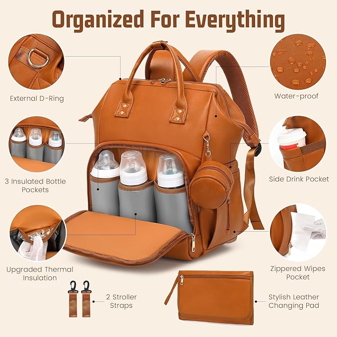 Premium Vegan Leather Diaper Bag Backpack with Waterproof Changing Pad – Reinforced Stitching & Zippers, Baby Bag for Boy Girl, Stroller Straps, Ergonomic Design for Traveling Moms, Brown