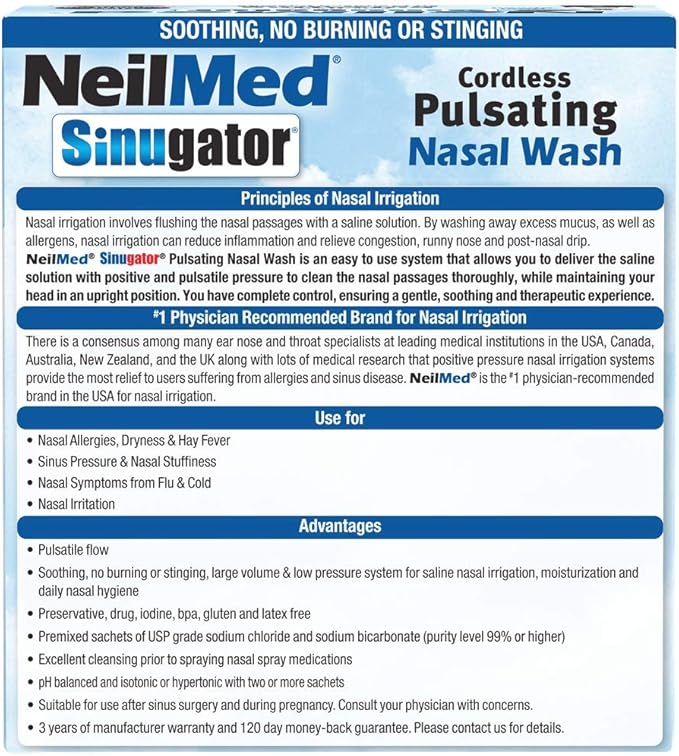 NeilMed Sinugator Cordless Pulsating Nasal Irrigator (Dual Speed) with 30 Premixed Packets and 3 AA Batteries - Black (Pack of 1)