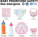 SCOM Reborn Baby Doll Accessories - 10 Pcs Feeding Set, Magic Disappearing Bottle with Milk & Juice, Pretend Play Toy with Alive Diaper & Magnetic Pacifier & Bib & Tableware, for Toddler Kid Gift Pink