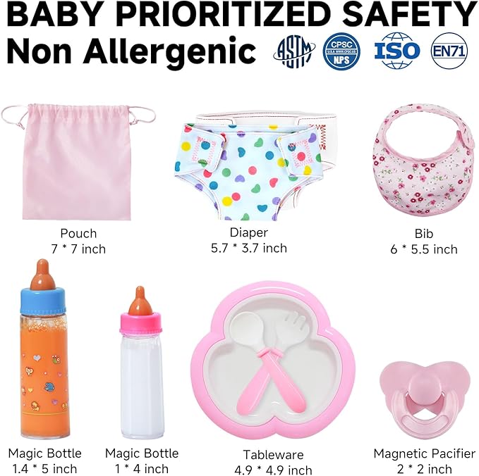 SCOM Reborn Baby Doll Accessories - 10 Pcs Feeding Set, Magic Disappearing Bottle with Milk & Juice, Pretend Play Toy with Alive Diaper & Magnetic Pacifier & Bib & Tableware, for Toddler Kid Gift Pink