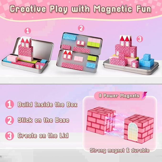 3 otters 32PCS Magnetic Blocks, Toddler Travel Toys Castle Magnetic Building Cubes STEM Learning Toys for Kids Gifts for Girls 3 4 5 6 7 8