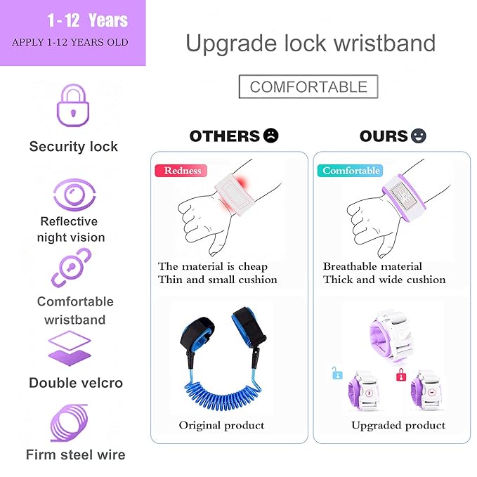 Toddler Harness Walking Leash- Child Anti Lost Wrist Link - Child Safety Harness - Upgrade with Reflective(6.5ft) - for Boys and Girls,Not Easy to Open Without Key (Purple)