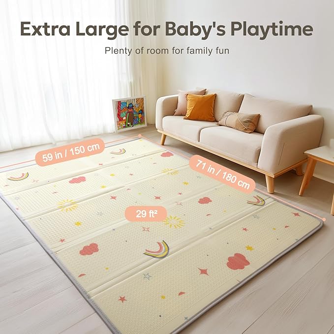 Extra Large Foldable Play Mat, Reversible Baby Play Mat with Edge Reinforcement, Non-Toxic & Waterproof Baby for Floor, Foam Playmat with Travel Bag, Rainbow, Cloud & Moon, 71"x59"