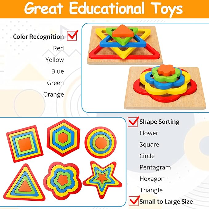 Toddler Puzzles Montessori Toy Wooden Shape Sorting Puzzle Sensory Toy Toddler Activities Preschool Learning Educational Autistic Developmental 1 2 3 Year Old Girl Boy 1-3 Dementia Game Easter Gift