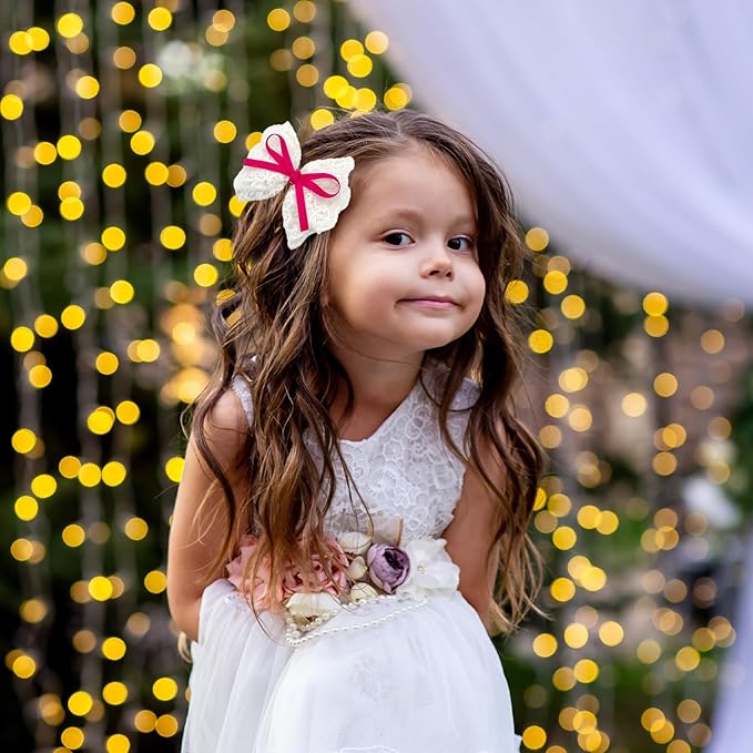 2pcs Lace Hair Bows for Girls, White Lace with Hot Pink Hair Ribbons, Alligator Bow Hair Clips, Handmade Hair Accessories for Girls