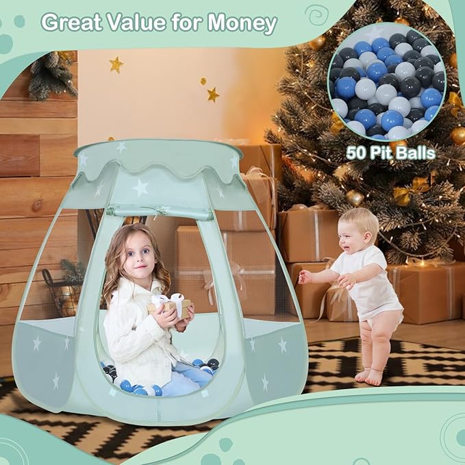 Baby Ball Pit for Toddler with 50 Balls, Kids Pop Up Play Tent for Girls, Princess Toys Gifts for Children Indoor & Outdoor Playhouse (Celadon: Gray/White/Babyblue, 109x90cm/50 Balls)