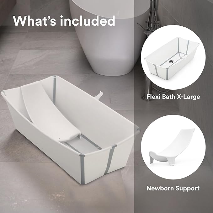 Stokke Flexi Bath X-Large Bundle, White - Spacious Baby Bathtub + Newborn Support - Lightweight, Foldable & Easy to Store - Best for Ages 0-6
