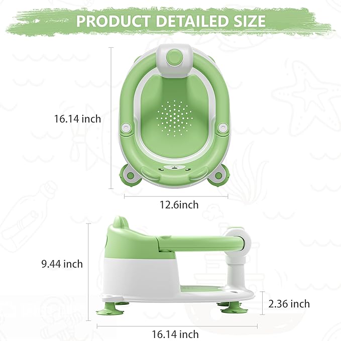 Baby Bath Seat for Babies 6 Months & Up, Toddler Bath Seats for Babies Sitting Up, Non-Slip Infant Bath Tub Chair with Suction Cups & Soft Cushion for Shower, Compact Toddler Bathtub Seat, Green