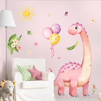 Large Pink Dinosaur Wall Decals Cartoon Dino Balloon Flower Wall Stickers Peel and Stick Wall Art Decor for Girls Baby Nursery Kids Bedroom Playroom Classroom Toddlers Wall Decor