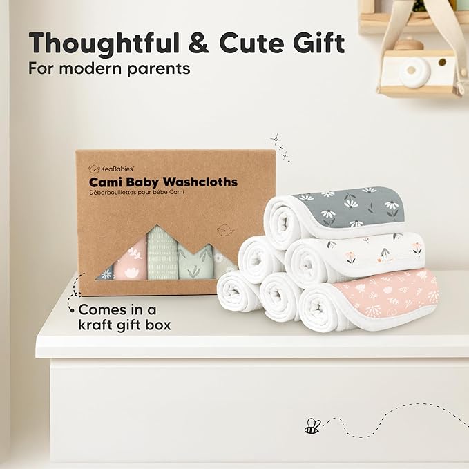 6-Pack Cotton Baby Washcloths for Newborn - Organic Cotton Muslin Soft Wash Cloths for Babies, Infant, Kids, Toddler Towels for Boy, Girl, Super Absorbent Face Cloths, Scratch-Free Baby Rags (Fleur)