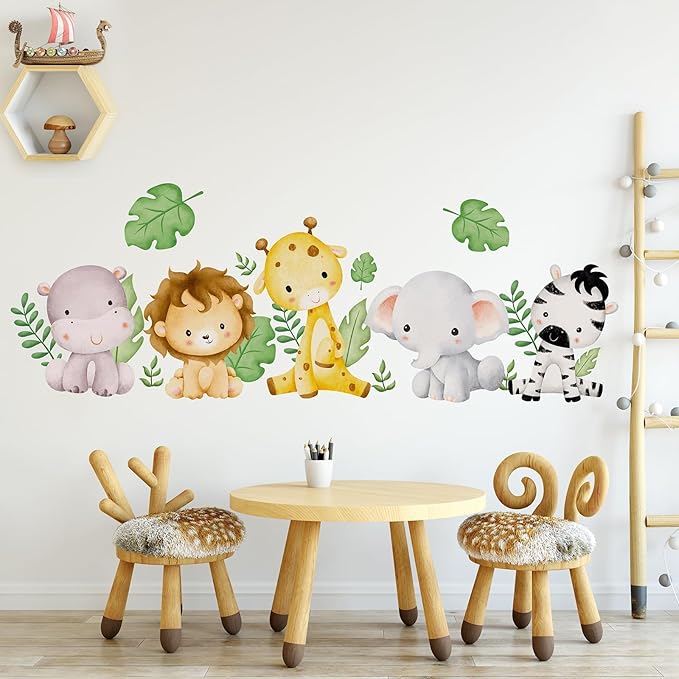Watercolor Animal Wall Decals Giraffe Elephant Lion Hippo Zebra Wall Stickers Removable Cartoon Animal Wall Decals Decor for Baby Nursery Playroom Bedroom Classroom Kindergarten