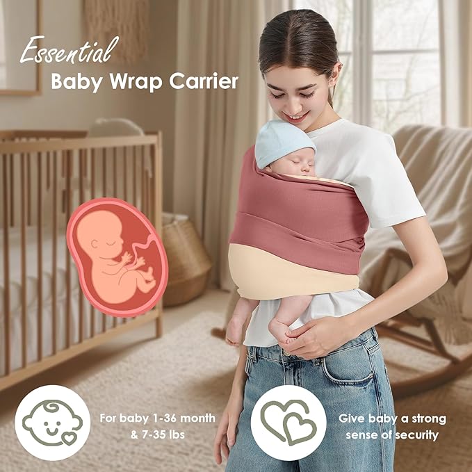 Baby Wrap Carrier, Lightweight Baby Wearing Wraps for Newborn and Infant, Soft Swaddle Holder Carrier, Cozy Baby Sling 7-35 lbs Cream+Pink