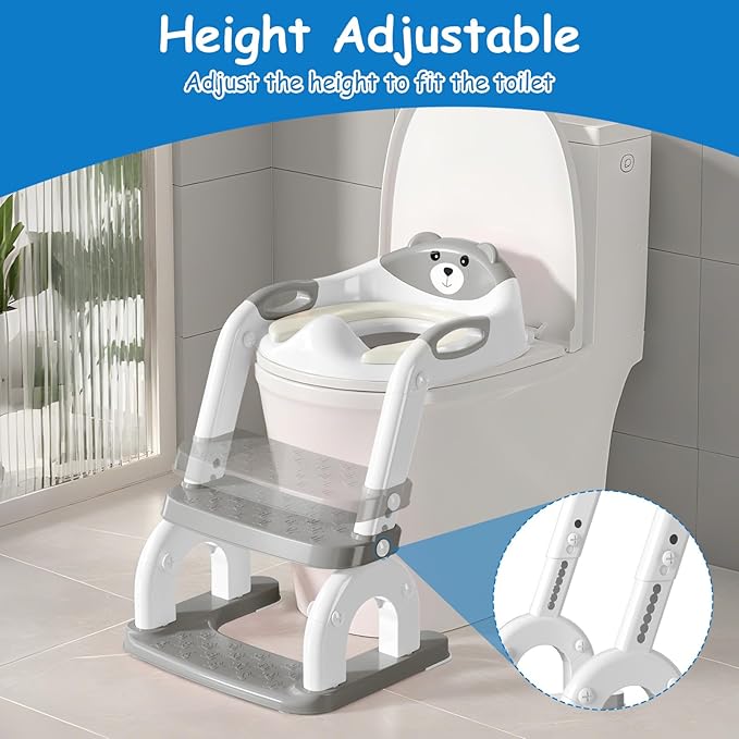 Potty Training Seat with Step Stool for Toddlers - Upgrade 2-in-1 Toilet Seat Toilet Ladder for Kids Children Boys Girls, Anti-Slip Pad & Adjustable Height with Waterproof - Grey