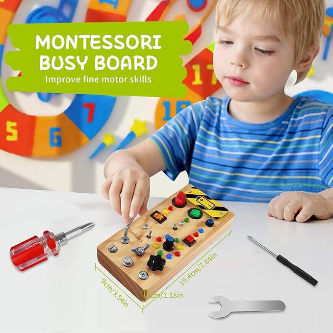TenFans Montessori Busy Board with 8 LED Light Modes - Sensory Toys for 1-3 Year Olds & Airplane Travel, Wooden Activity Board Develops Fine Motor Skills