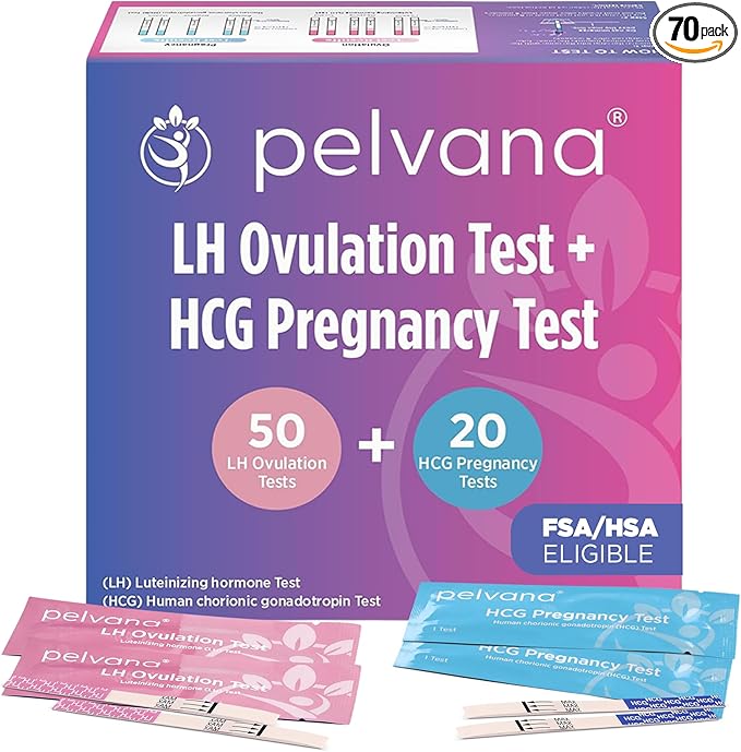 Pelvana Pregnancy and Ovulation Test Strips Combo Kit - 50 LH Fertility Test Strips + 20 Pregnancy HCG Checker Kits - Identify Your Peak Fertility Days - Easy at Home Ovulation Tests (70 Piece Kit)