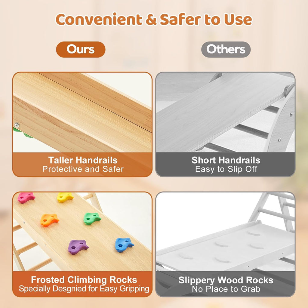 FUNLIO Foldable Pikler Triangle Set (3 Piece), Montessori Climbing Set with Solid Wood for Toddlers 2-6 yrs, Adjustable 3-in-1 Indoor Play Gym with Arch/Slide/Climbing Rock/Triangle, Easy to Install