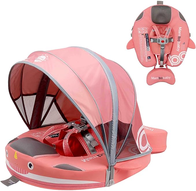 Non-Inflatable Mambobaby Float with Canopy, UV-Protective Baby Swimming Float with Safety Buckle, Anti-Flip Tail Swim Trainer Infant Pool Floats (Q04NPink-Q04NPCTRURBKMH01Q04)