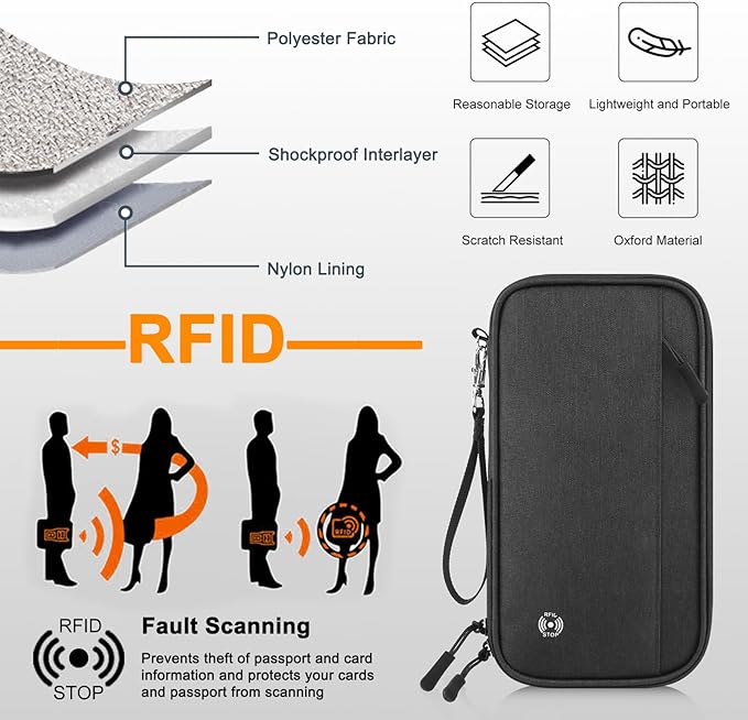 Passport Holder Family RFID Blocking Passport Wallet, RFID Travel Document Organizer for Women Waterproof Passport Wallet, Men Portable Case for Cards Credit Cards with Lanyard (Black-Medium)