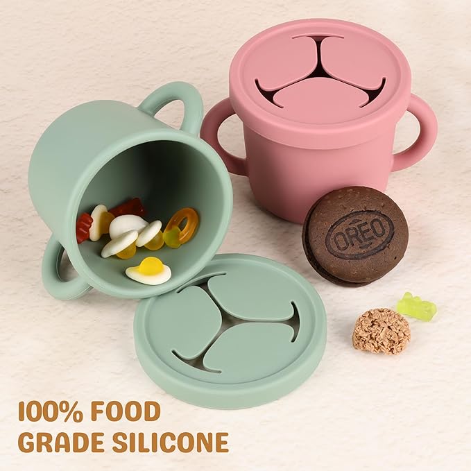 Snack Containers for Toddlers, Kids - 2 Pack Food Grade Silicone Snack Cups with Grip Handle (Natural/Sage)