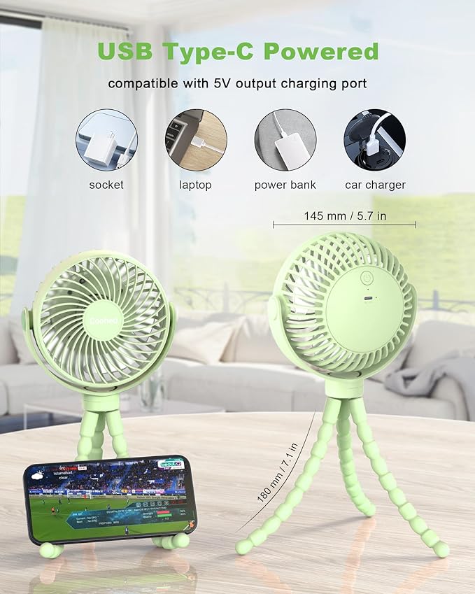 Stroller Fan Clip on for Baby, 4000mAh Rechargeable Battery Operated, Flexible Tripod, 3 Wind Speed, 360° Rotatable, Small Portable Fan for Car Seat Crib Golf Cart Beach Travel, Green