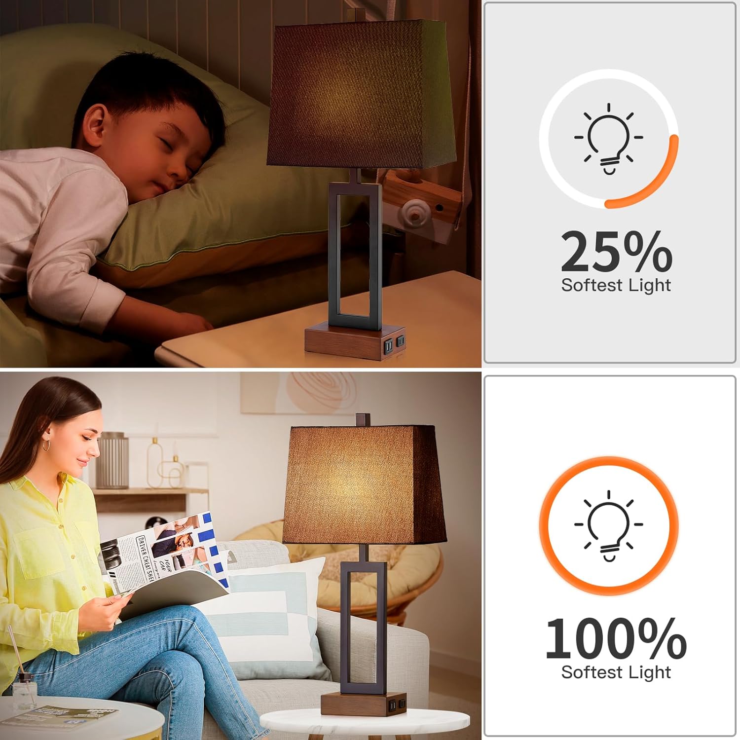 Touch Control Table Lamps Set of 2, Modern Bedside Lamps with 2 USB Charging Ports & AC Outlet, 3-Way Dimmable Wood Nightstand Lamp for Living Room Bedroom End Table Office Black(2 LED Bulbs Included)