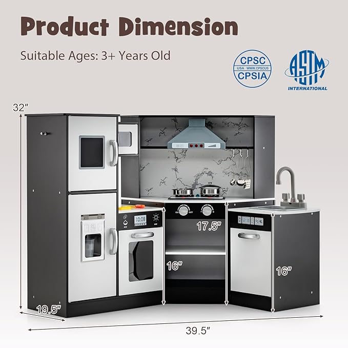 Costzon Kids Kitchen Playset, Pretend Cooking Toys w/Washing Basin, Real Lights & Sounds, Microwave, Oven, Blackboard, Ice Maker, Range Hood, Stoves, 2-PieceCorner Wooden Play Kitchen for Kids 3+