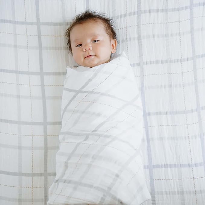 Little Unicorn Premium Crib Sheet | Breathable & Super-Soft Muslin Fabric (Grey Plaid)