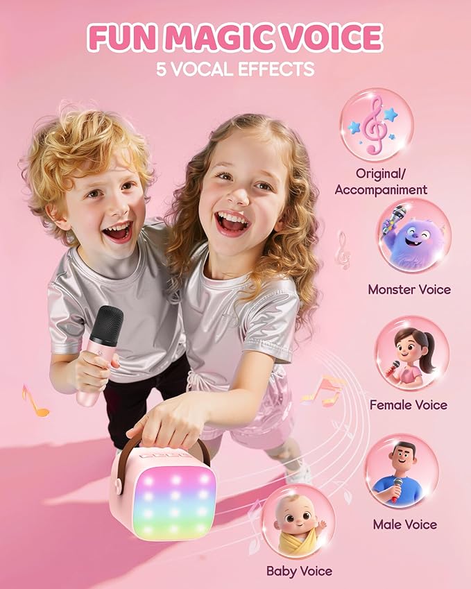 YLL Mini Karaoke Machine for Kids Adults: Portable Loud Speaker with 3 Wireless Microphones -Most Popular Birthday Party Gifts for Girls Boys 3, 4, 5, 6, 7, 8, 9, 10+ Year Old Toys Party (Pink-3 Mics)