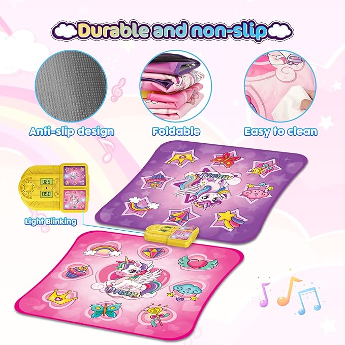 VATOS Double Dance Mat for Girls - 4 Game Modes & 9 Challenge Levels with Adjustable Volume, Led Light & Wireless Bluetooth | Music Play Mat Birthday Gifts Toys for Kids Ages 3 4 5 6 7 8 9+ Years Olds