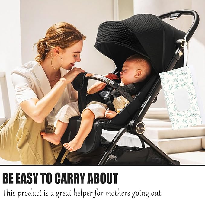 FEBSNOW 4 Pack Baby Wipes Dispenser Holder, Portable Refillable Baby Wet Wipes Pouch Container Reusable Travel Case for Outdoor Hiking, Green Leaves