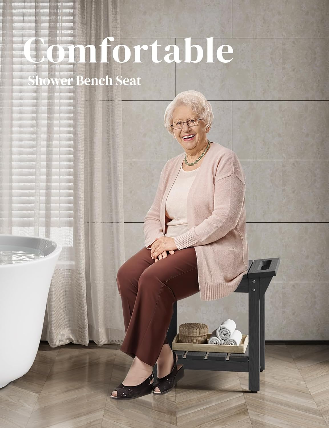 Waterproof Shower Bench, Poly Lumber Shower Stool for Shaving Legs, Shower Chair Seat with Storage Shelf and Handles, Bathroom Bench for Inside Shower, Non-Slip (Grey)