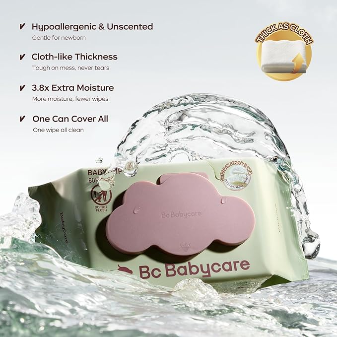 Bc Babycare Cloud Moist Baby Wipes, Thick & XL, 99% Water, Ultra-Hydrating, Unscented, Hypoallergenic for Sensitive Skin, Biodegradable, 3 Flip-Top, 240 Count