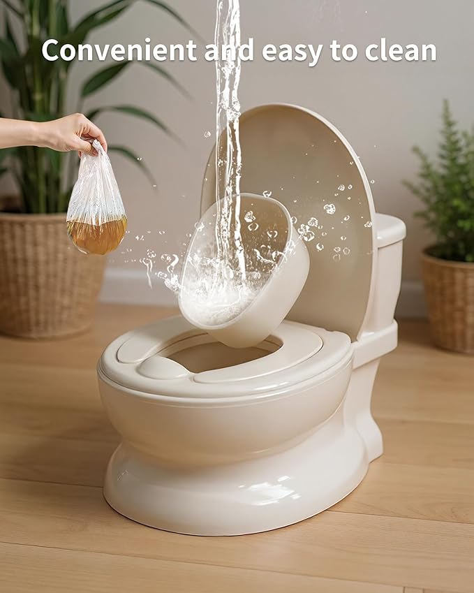 Realistic Potty Training Toilet - Flushing Sounds, Wipes Storage, Disposable Liners, Easy to Clean for Toddler Boys and Girls, White