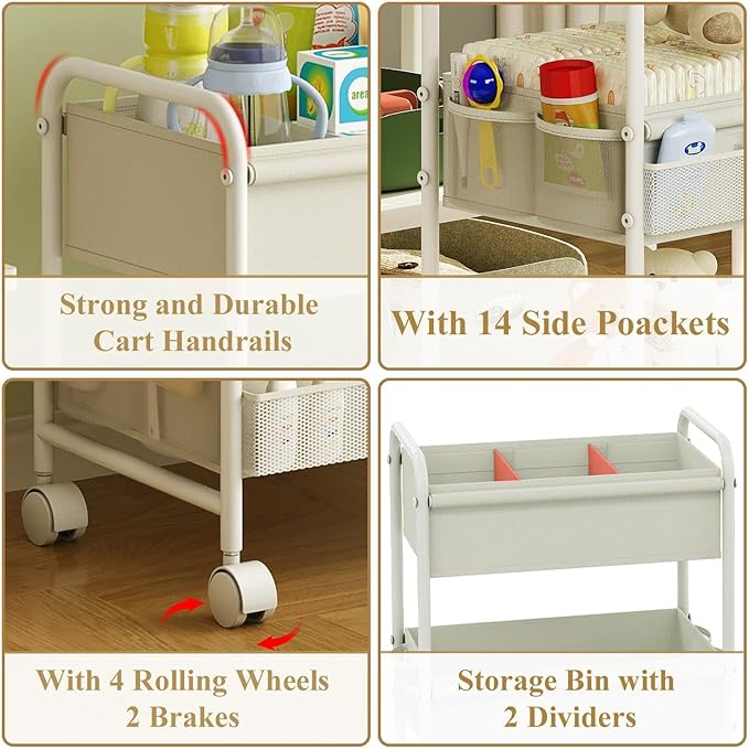 3-Tier Baby Diaper Caddy Cart Organizer,Mobile Nursery Storage Cart with Wheels，With 2 Dividers & 14 Mesh Pockets Durable Metal Utility Cart for Nursery, Bedroom, Bathroom Essentials Organization