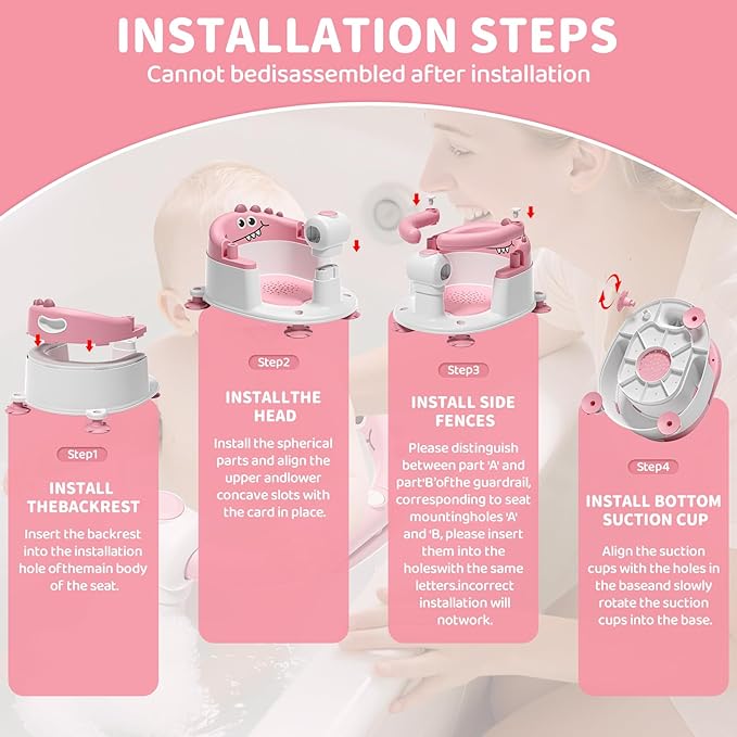 TPN Baby Bath Seat for Babies 6 Months & Up, Non-Slip Toddler Bath Seat with 5 PCS Waterproof Emoji Stickers, Portable Infant Bath Seat for Baby(Pink)
