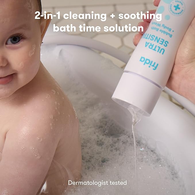 Frida Baby Unscented Fragrance-Free Bubble Bath + Body Wash, Oat & Chamomile Toddler & Baby Body Wash for Sensitive Skin, Dermatologist Tested, Tear-Free, Hypoallergenic, Safe for Skin, 10oz