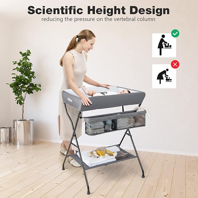 INFANS Baby Changing Table, Folding Diaper Station Portable Nursery Organizer with Safety Belt and Large Storage Racks for Newborn Baby and Infant (Grey)
