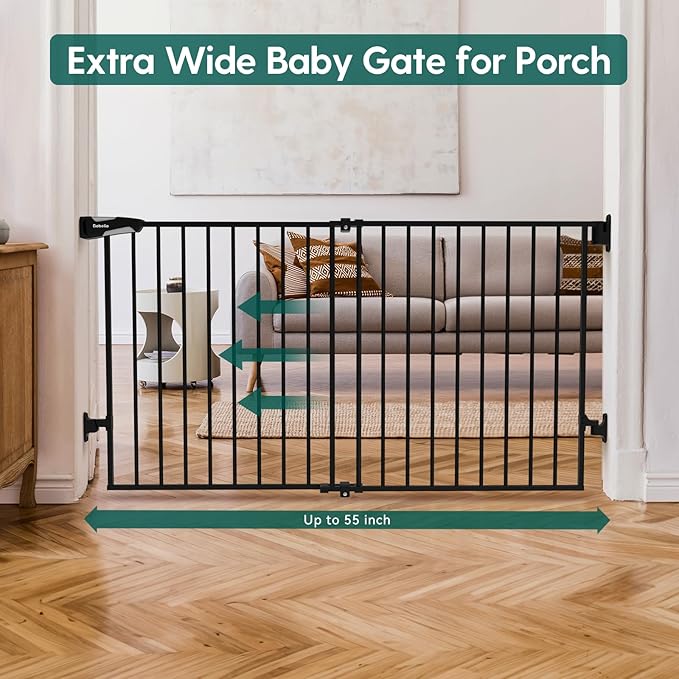 Babelio 31.5-55" No Bottom Bar Baby Gate Extra Wide, 2-in-1 Auto Close Dog Gate for The House, Stairs and Doorways, with Large Walk Thru Door, Black