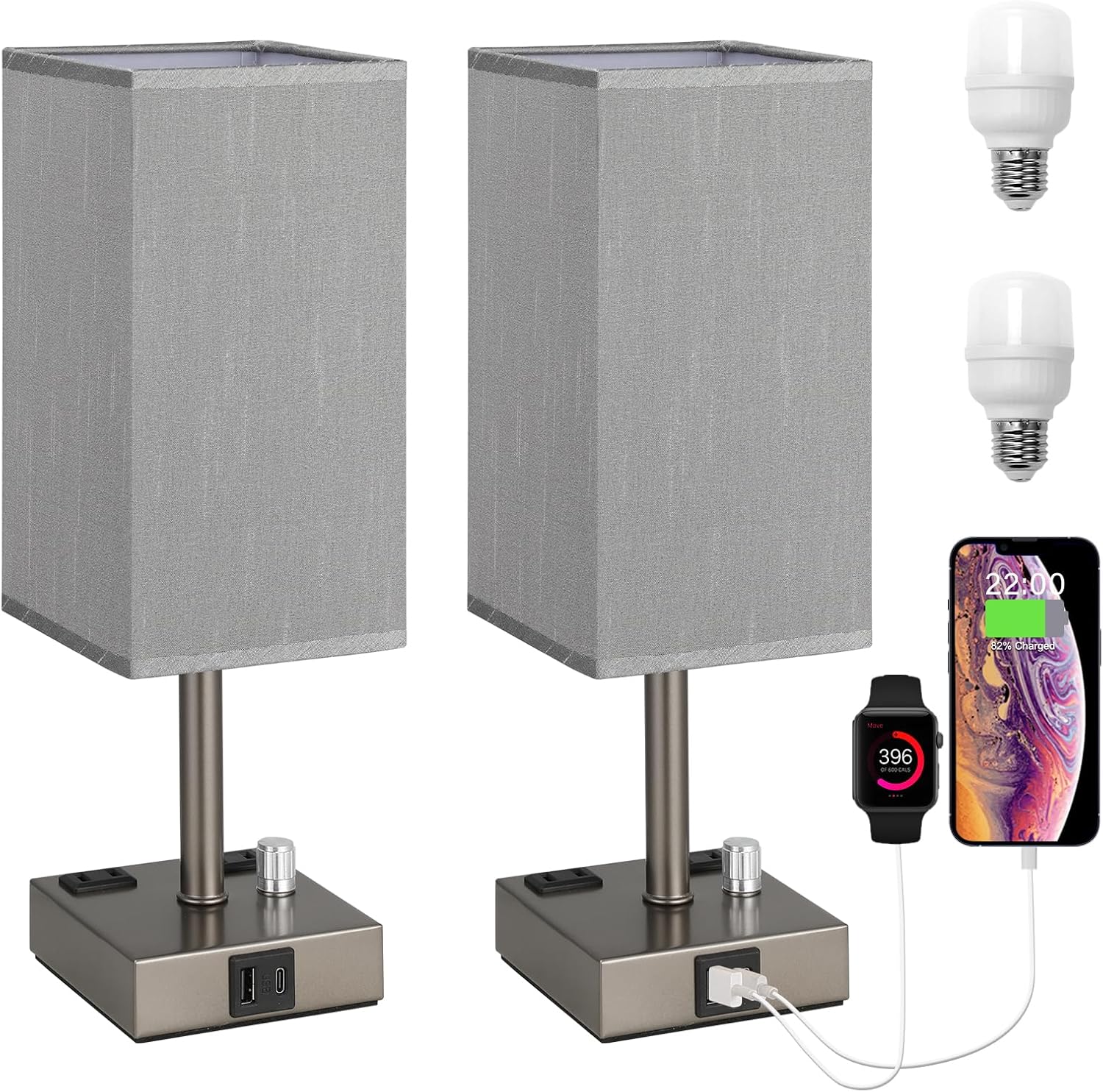 Grey Fully Dimmable Nightstand Lamps Set of 2 - Table Bedside Lamp with USB C+A Charging Ports & 2 AC Outlets, Square Lamp Sets Linen Fabric Shade for Bedroom Living Room(Bulb Included)