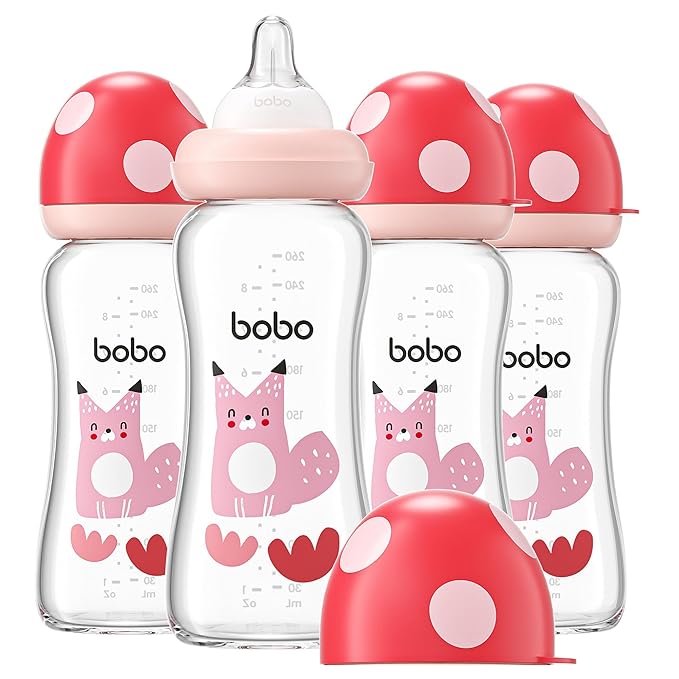 YOHKOH Natural Glass Baby Bottle with Natural Response Nipple, Newborn Anti-Colic Baby Bottles, Wide Neck Mushroom Cap Baby Bottle, Clear (8.8ounce (Pack of 4), Red2)