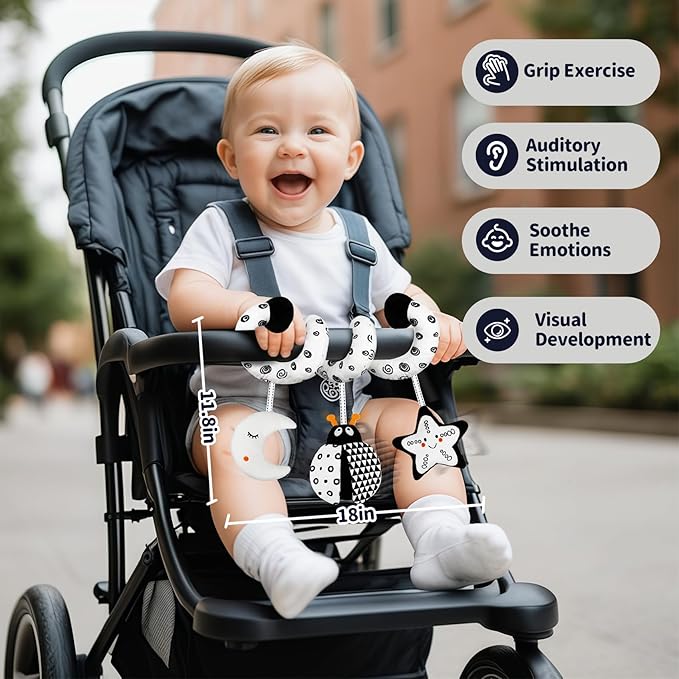 Car Seat Toys for Babies 0-6 Months,Hanging Rattle Toys for Crib Mobile, Baby Spiral Hanging Stroller Black and White High Contrast Toys for Newborn 0 3 6 9 12 Months Baby Boys Girls (Bug)