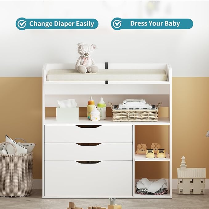 Pipleo Baby Changing Table Dresser with 3 Drawers and 3 Storage Shelves, Can be Used as a Baby Dresser with Changing Table Top, a Baby Changing Station, a Wood Diaper Changing Station (White)