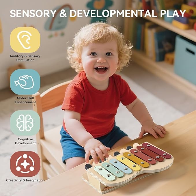 IEATFO 2-in-1 Piano Xylophone Wooden Musical Toy for Toddlers 1-3, Educational Musical Learning Instruments with 8 Colorful Keys, 5 Classic Song Sheets, Montessori Sensory Music Set for Girls Boys