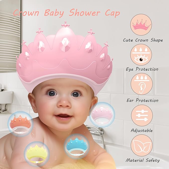 Baby Shower Cap Shield, Baby bath set shower cap, Visor Hat for Eye and Ear Protection for 0-9 Years Old Children,Cute Crown Shape Makes the Baby Bath More Fun (Pink)